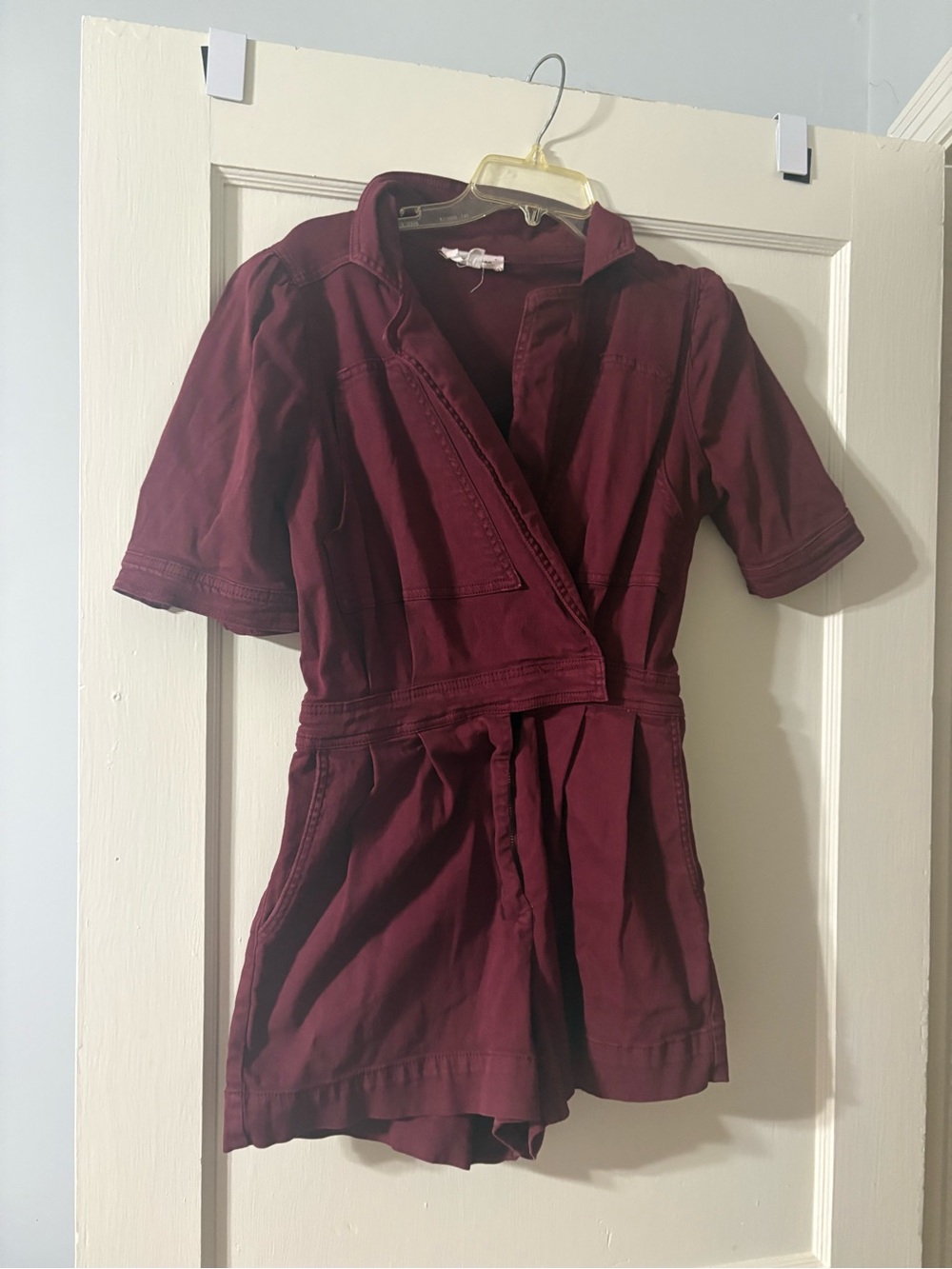 Women's Short Sleeve Wrap Romper in Burgundy